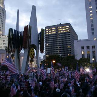 Patriotic Crowd at City Building