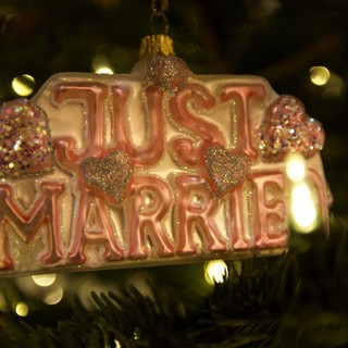 Just Married Christmas Ornament with Glittering Hearts