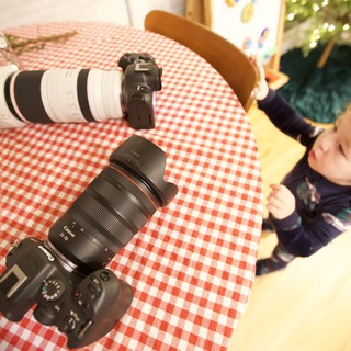 Professional Camera Gear Display with Curious Toddler Observer