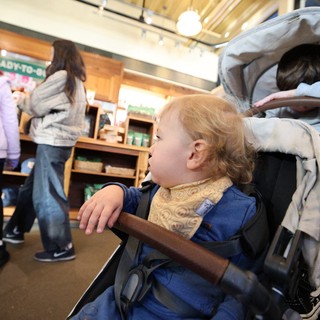Toddler Observing World from Stroller in Modern Retail Store