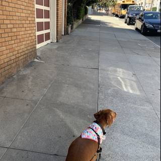 A Pink-Collared Canine's Stroll Down The Sidewalk