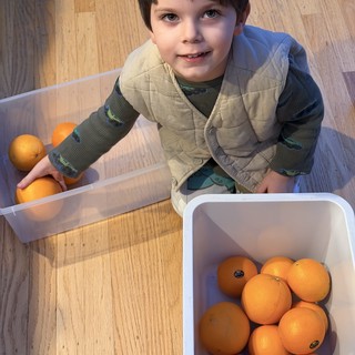 Young Boy Sorting Oranges on Kitchen Floor
