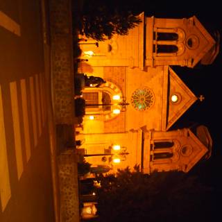 Illuminated Church Tower at Night
