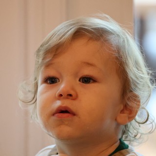 Curious Toddler with Blonde Curls at Christmas Time