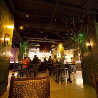 Modern Restaurant Bar Interior with Warm Ambient Lighting