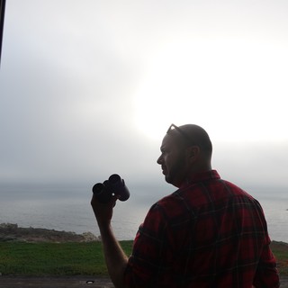 Man with Binoculars Overlooking Coastal Waters