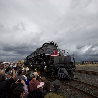 Historic Big Boy Locomotive Display Under Stormy Skies
