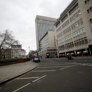 Modernist Architecture on Empty London Street at Dusk