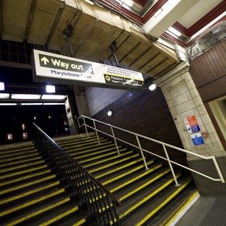 London Underground Station Exit with Yellow Safety Steps
