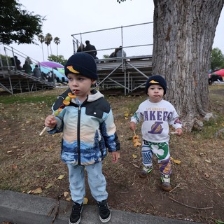 Two Young Boys Enjoying Candy Skewers at Balloon Festival