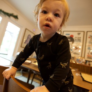 Curious Toddler in Dinosaur Pajamas at Home
