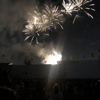 Fireworks lighting up the night sky over a crowded event