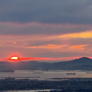 Sunset Over San Francisco Bay with Cargo Ships