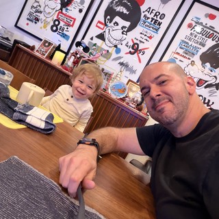Father and Son Selfie at Home with Pop Art