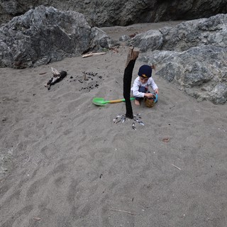 Child Explores Rocky Beach Cove with Toy Shovel