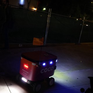 Coco Delivery Robot Navigates Urban Sidewalk at Night