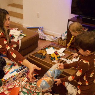 Family Christmas Morning With Matching Pajamas and Presents