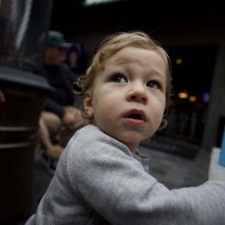 Young Child Gazing Up in Urban Street Setting