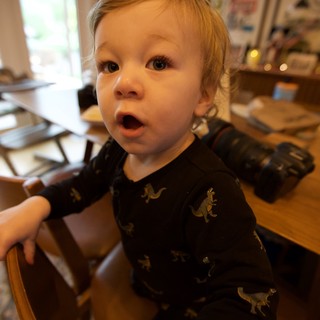 Curious Toddler in Dinosaur Pajamas at Home