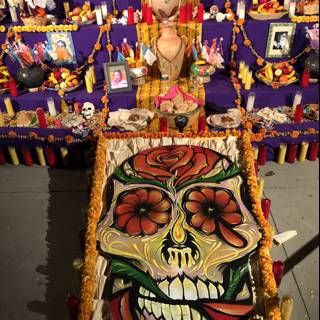 A Mexican Altar adorned with Skull and Flowers