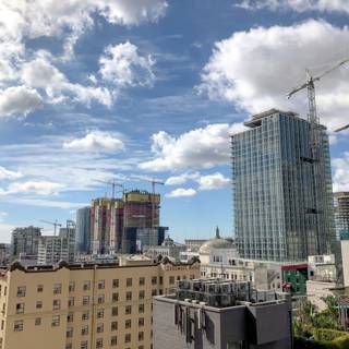 Urban Landscape: A city view with five construction cranes