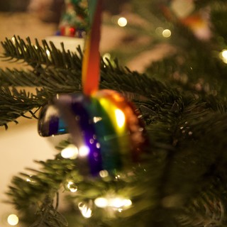 Rainbow Ornament Nestled in Evergreen Christmas Tree