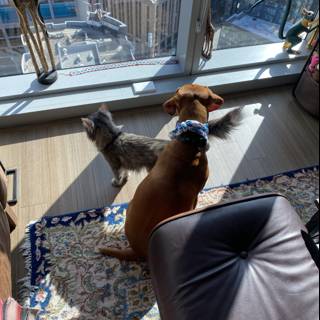 Furry Companions Enjoying the City View from the Couch