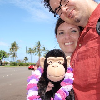 Couple Poses with Monkey Plush in Hawaii