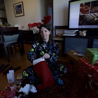 Christmas Morning Stocking Stuffers in Reindeer Pajamas