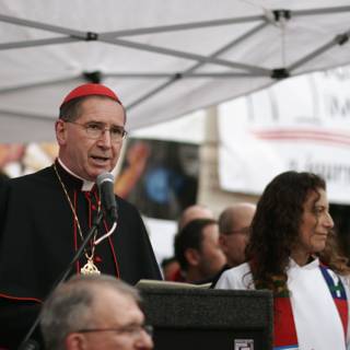 Bishop Roger Mahony speaks at rally