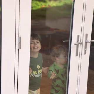 Two Young Brothers Looking Through Glass Door