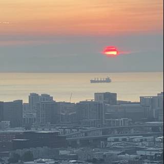 City Sunset with Ship in Distance