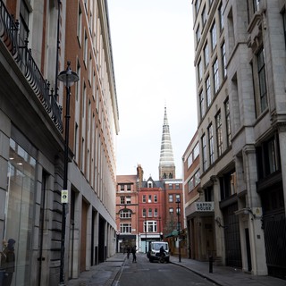 Narrow London Street with Church Spire View