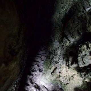 Darkness Ahead: Narrow Cave Passage Illuminated by Flashlight