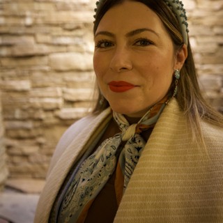 Elegant Portrait with Decorative Headband and Silk Scarf