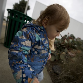 Young Child in Playful Blue Cloud Jacket Outdoors