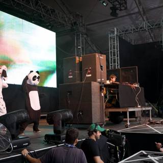 Panda on stage with a human
