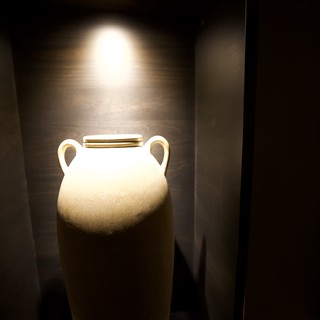 Illuminated White Amphora in Museum Display Niche