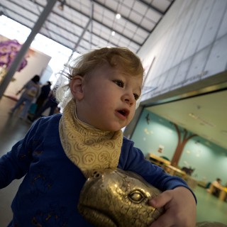 Child with Golden Turtle Sculpture at Museum