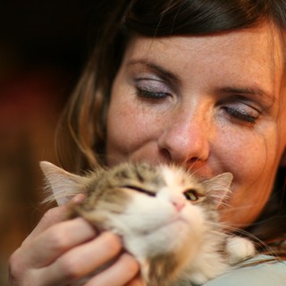 Tender Moment: Woman Nuzzles Fluffy Kitten Lovingly