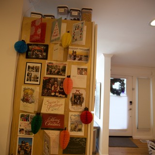 Christmas Card Display on Kitchen Refrigerator Door