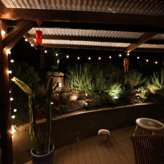 Desert Garden Patio at Night with String Lights