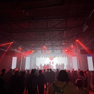 Red-Lit Electronic Music Performance with Crowd