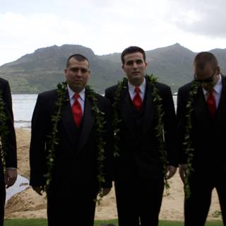 Four Men in Formal Wear on the Cloudy Beach