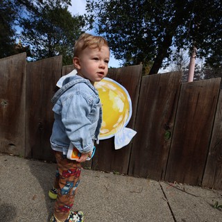 Toddler in Fish Costume Poses in Backyard