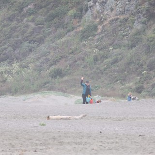 Family Waving on a Misty Gravel Beach