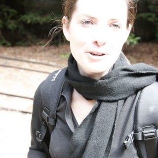 Woman Hiking Through Sunlit Redwood Forest Trail