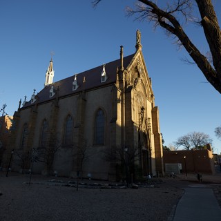Historic Loretto Chapel Bathed in Golden Hour Light