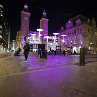 Purple Night Illumination at Liverpool Street Station Plaza