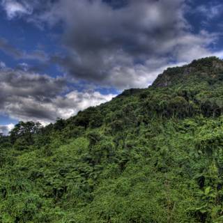 Majestic Mountain Covered in Verdant Vegetation and Ethereal Clouds